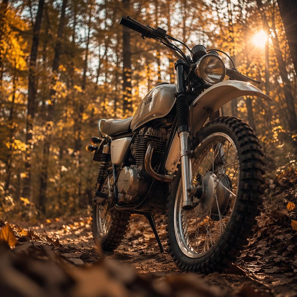 Low-angle ultra-realistic vintage enduro motorcycle with silver tank in an autumn forest, cinematic lighting.
