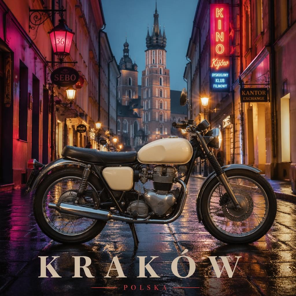 Klasyczny motocykl z lat 60., kremowy bak, profil boczny, zaparkowany na neonowej ulicy Krakowa.