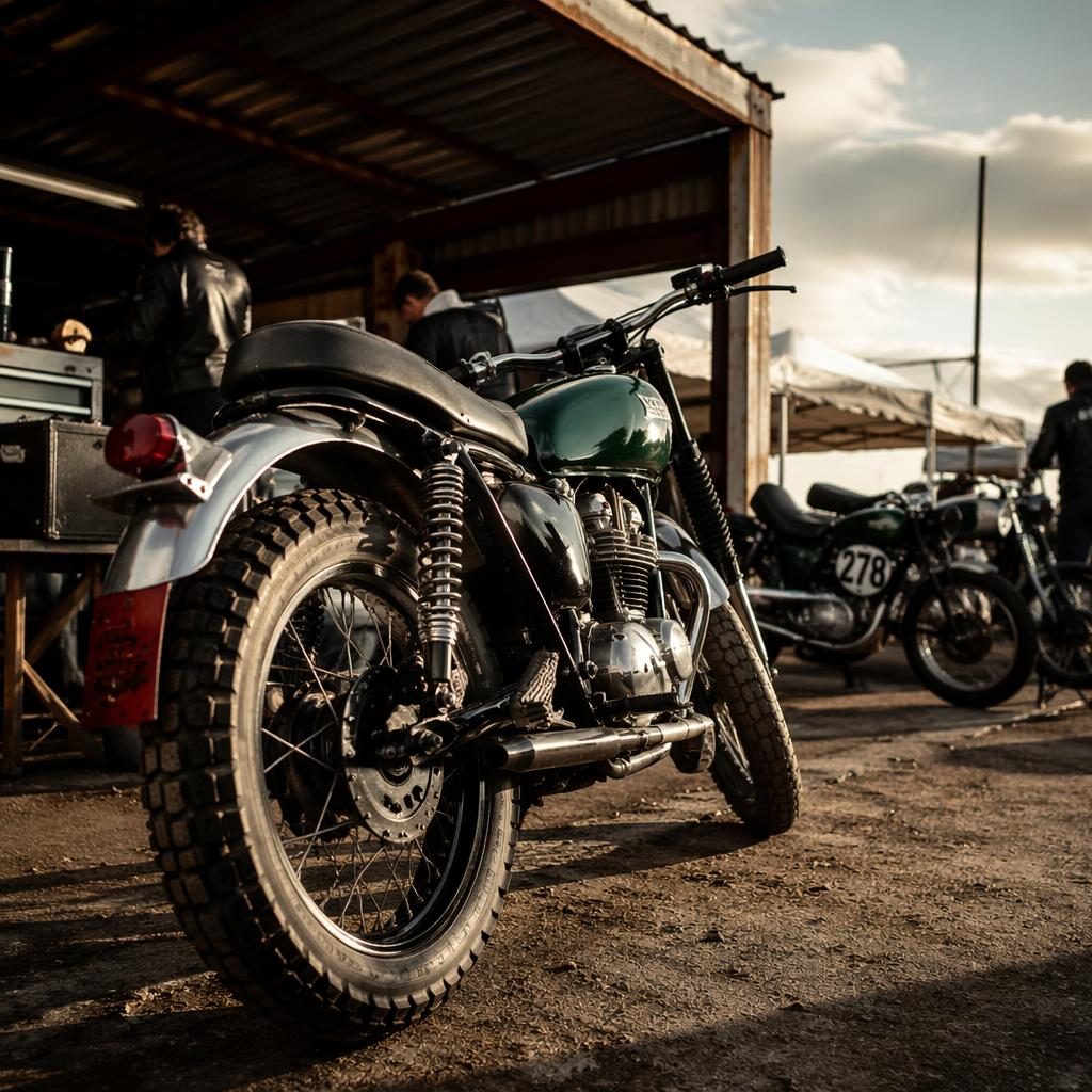 Ultra-realistic rear three-quarter view of a vintage art deco scrambler motorcycle in british racing green at a race paddock