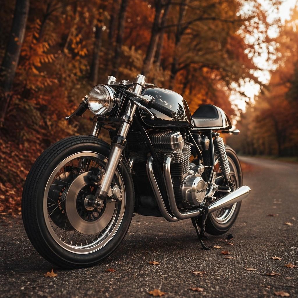Vintage motocykl ve stylu TT závodníka 60. let, černá nádrž, pohled zepředu ze tří čtvrtin, podzimní les