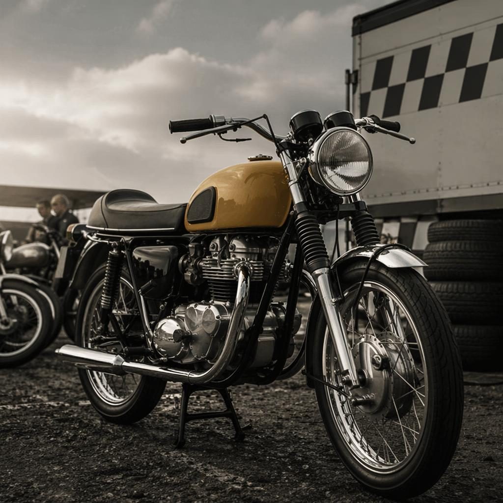 Ultra-realistic vintage Italian 50s-style scooter in mustard yellow, three-quarter front view in a race paddock