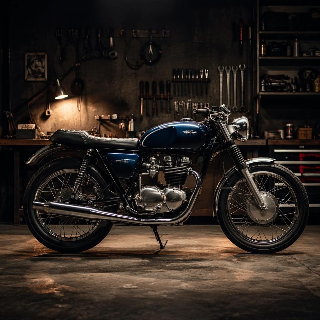 Side profile of a midnight blue 1960s-style cafe racer motorcycle in a workshop garage with cinematic lighting.