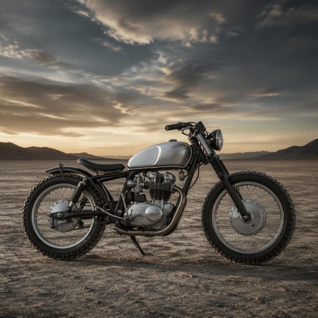 Side profile of a silver 1950s-style flat tracker motorcycle on desert flats with cinematic poster lighting