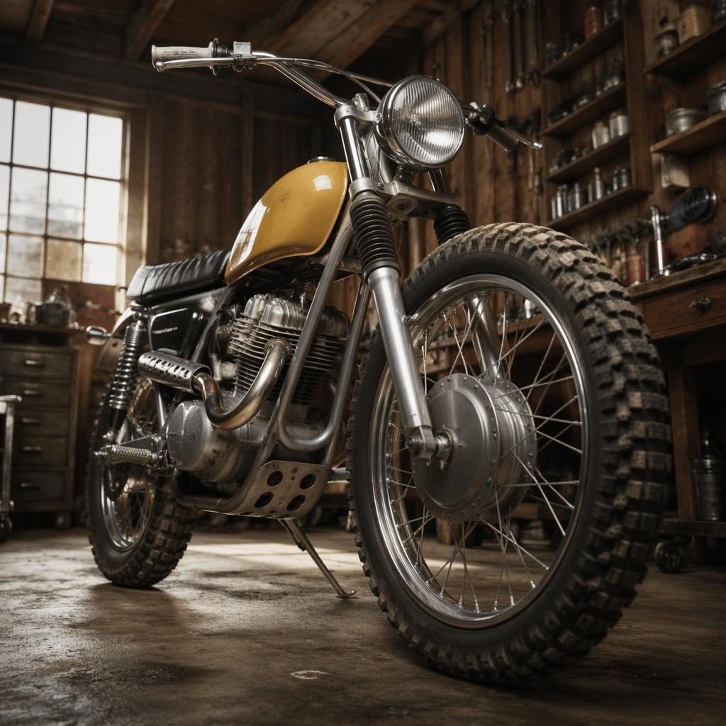 Ultra-realistic 1950s-style scrambler motorcycle with mustard yellow tank in a workshop garage, shot low and cinematic.