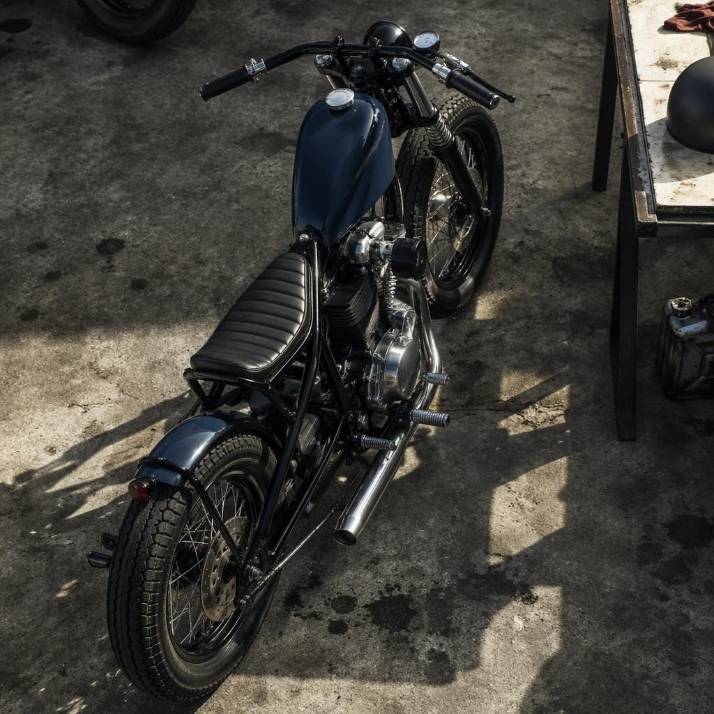 Overhead view of a 1970s-style desert sled bobber motorcycle with midnight blue tank in a race paddock