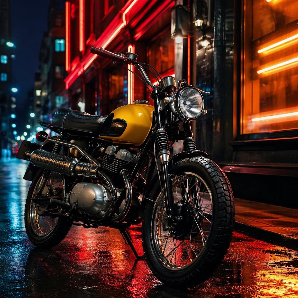 Ultra-realistic 1950s-style scrambler motorcycle with a mustard yellow tank, shown three-quarter front on a neon-lit urban street.