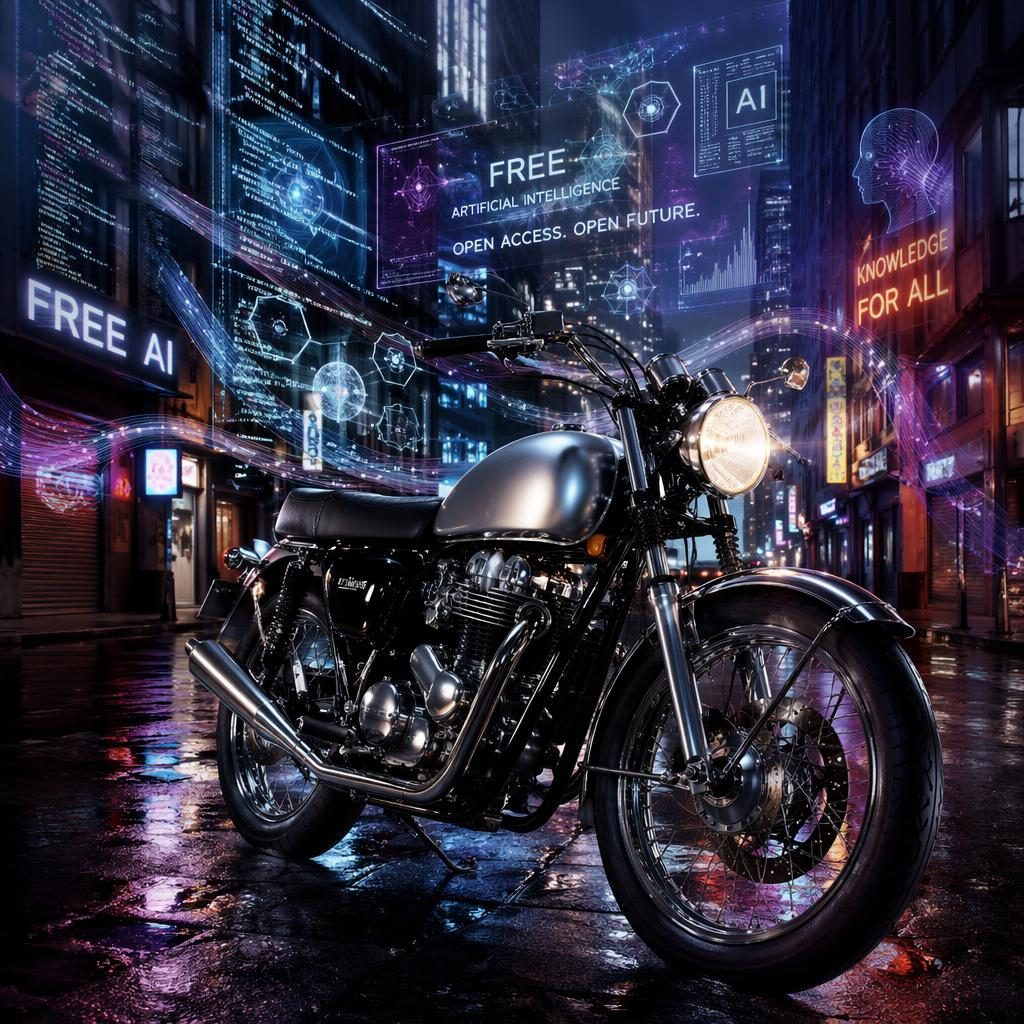 Moto classique rétro futuriste argentée, vue trois quarts avant, sur rue urbaine au néon avec hologrammes IA