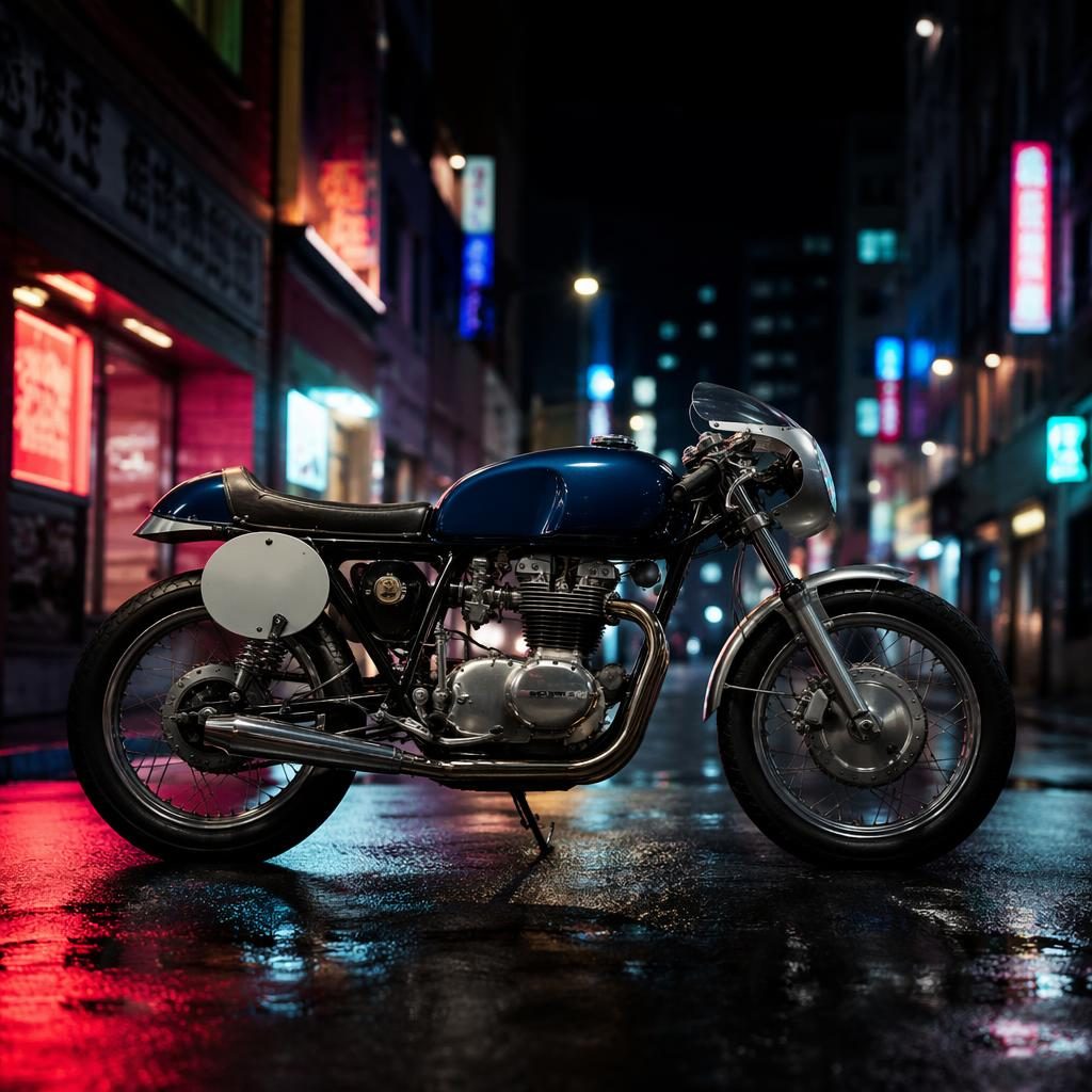Side profile of a vintage cafe racer motorcycle with a midnight blue tank on a neon-lit urban street at night.