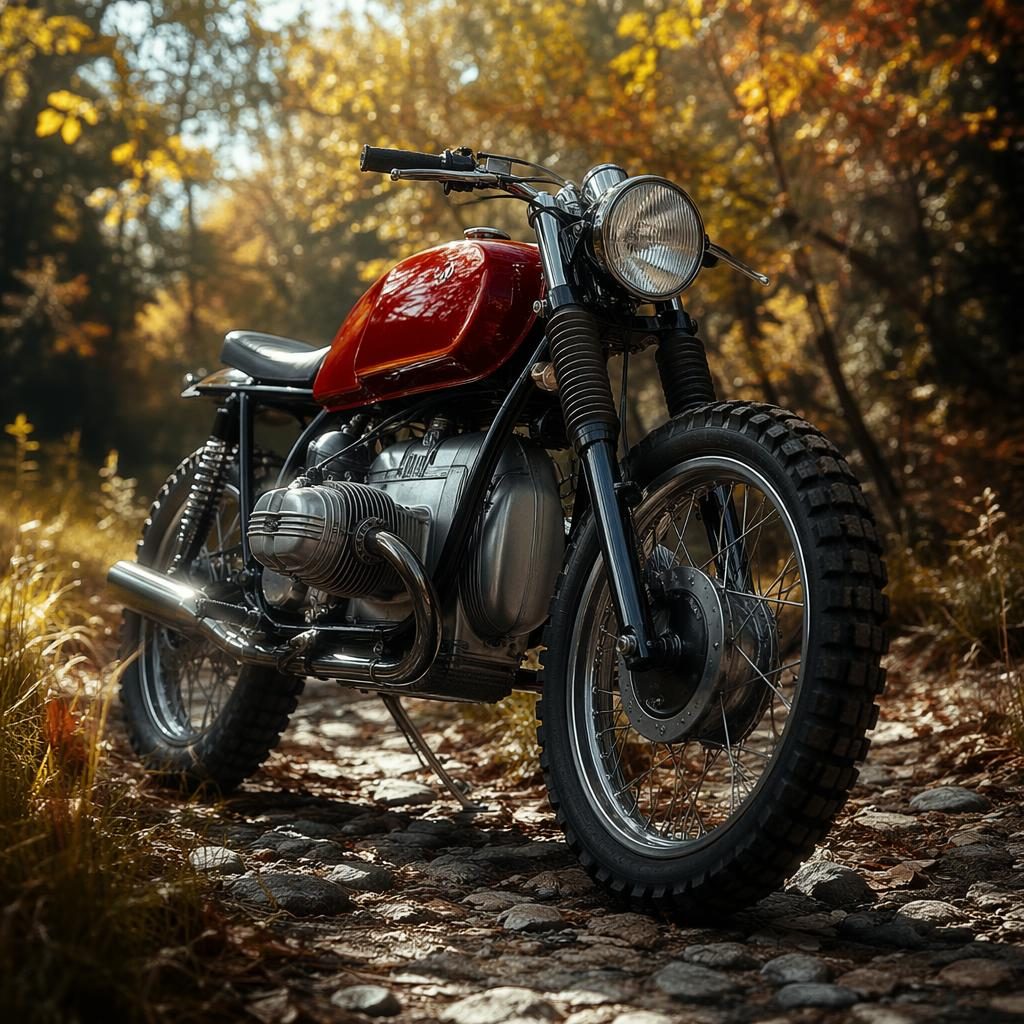 Červený scrambler ve stylu 50. let z nízkého úhlu v podzimním lese, s ostrými kovovými odlesky.