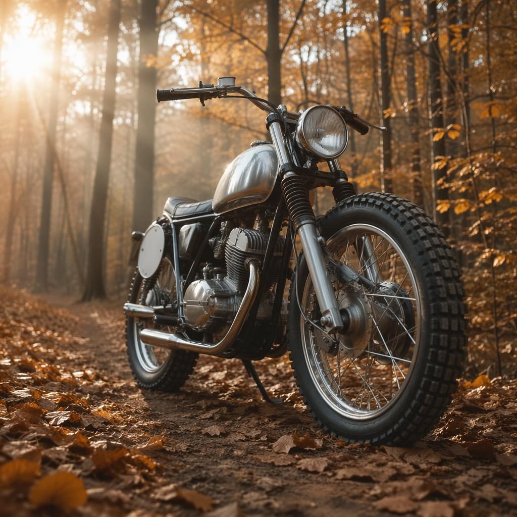 Ultra-realistic 1960s speedway flat track motorcycle with silver tank in an autumn forest, three-quarter front view