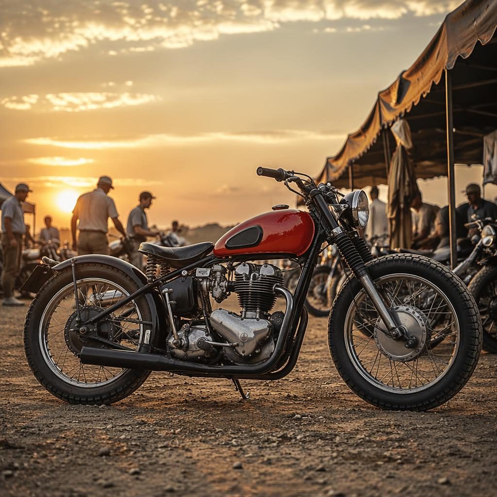 Side profile of a red 1950s-style scrambler motorcycle in a race paddock with cinematic lighting and sharp metal detail