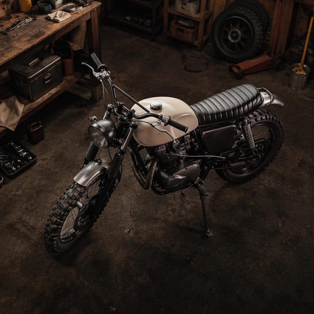 Krémový scrambler ve stylu desert sled z 80. let, focený shora v dílně s filmovým světlem a kovovými odlesky.