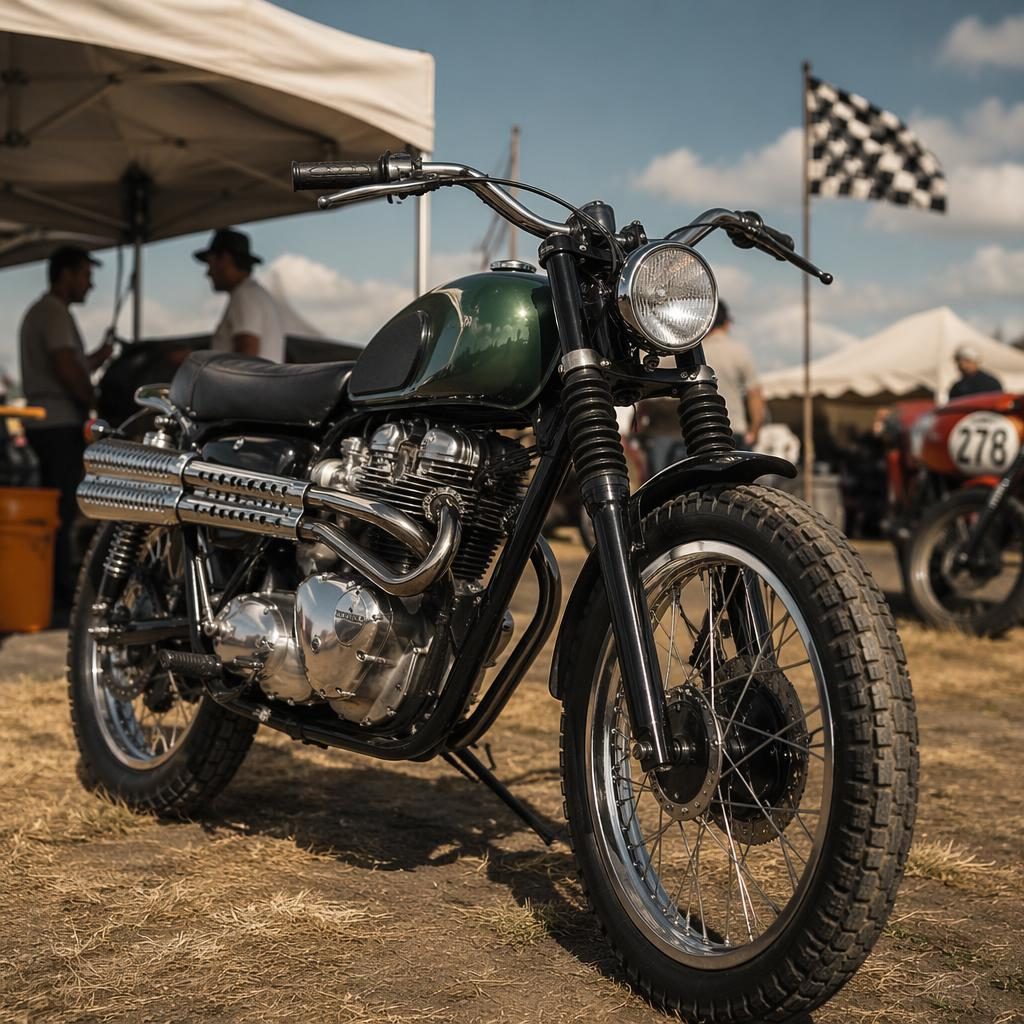 Ultra-realistic vintage tracker motorcycle in british racing green, three-quarter front view in a race paddock.