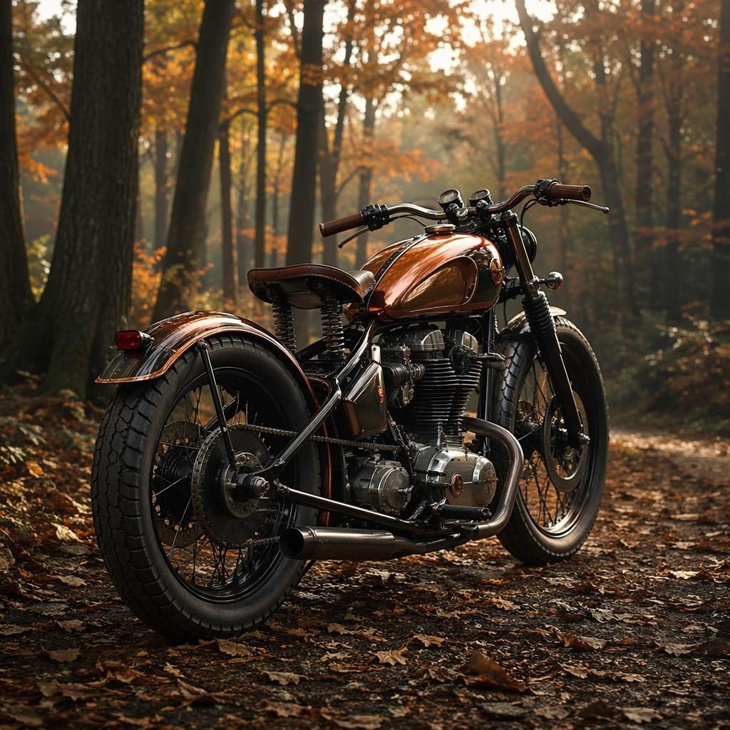 Ultra-realistic retro futurist bobber motorcycle with copper tank, seen from rear three-quarter view in an autumn forest