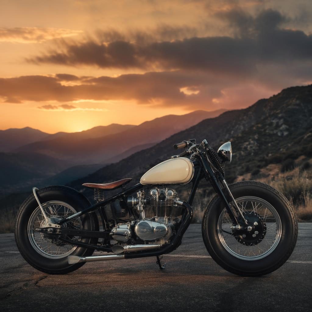 Side profile of a cream-tank art deco bobber motorcycle on a mountain road at dusk with cinematic poster lighting.