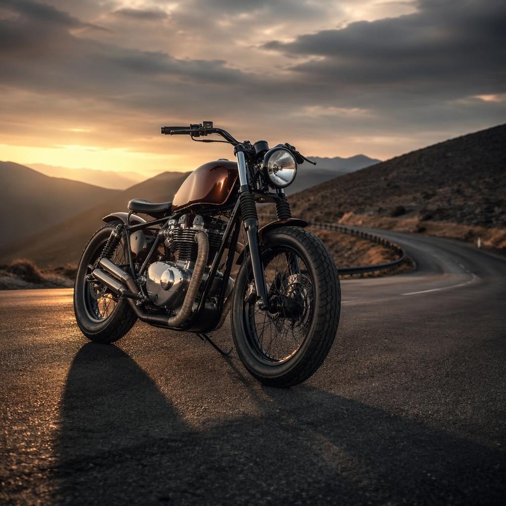 Copper-tank vintage enduro motorcycle on a mountain road at dusk, shot from a low front angle with cinematic lighting.