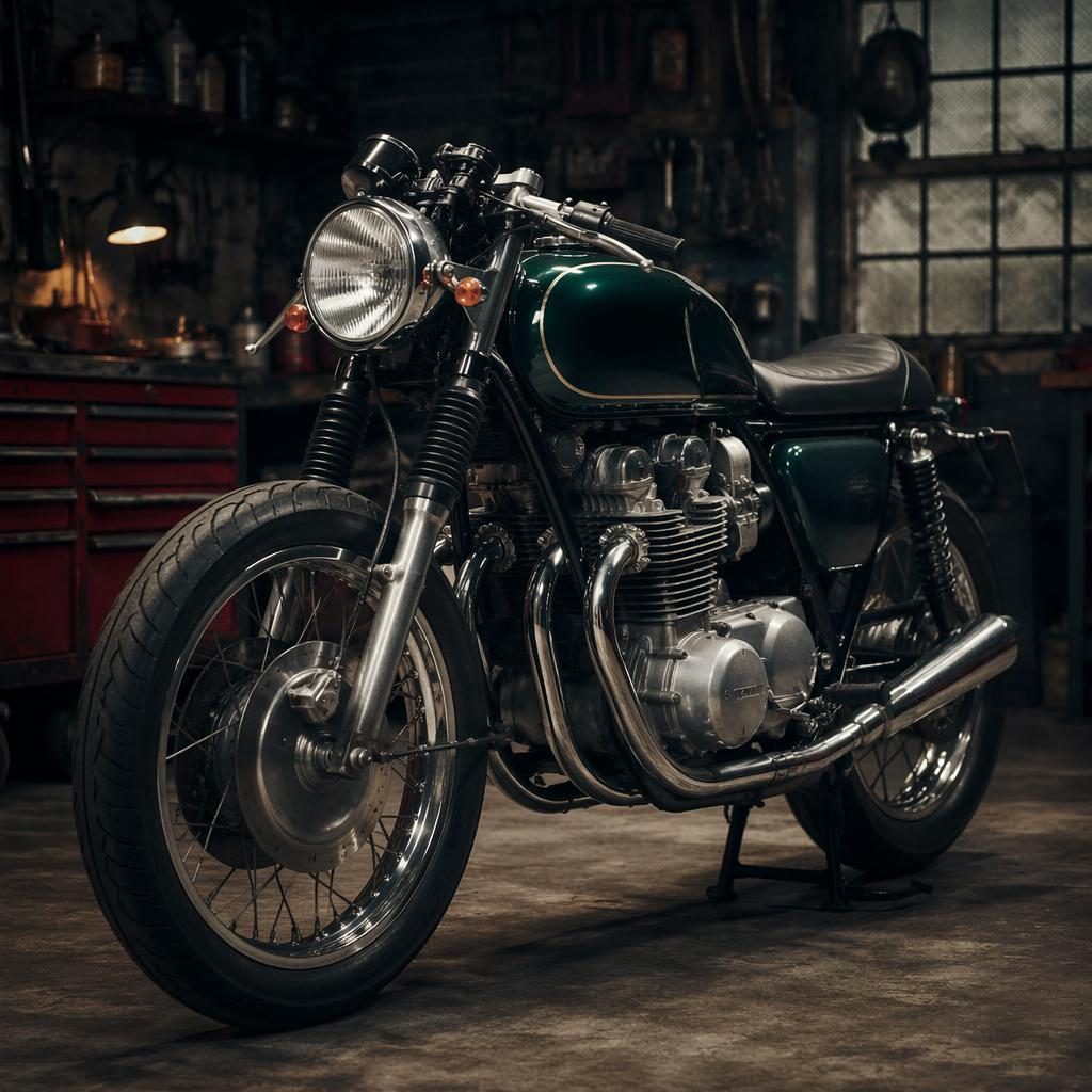 Motocykl ve stylu tracker z 60. let v britské závodní zelené, focený zepředu z tříčtvrtečního úhlu v dílně