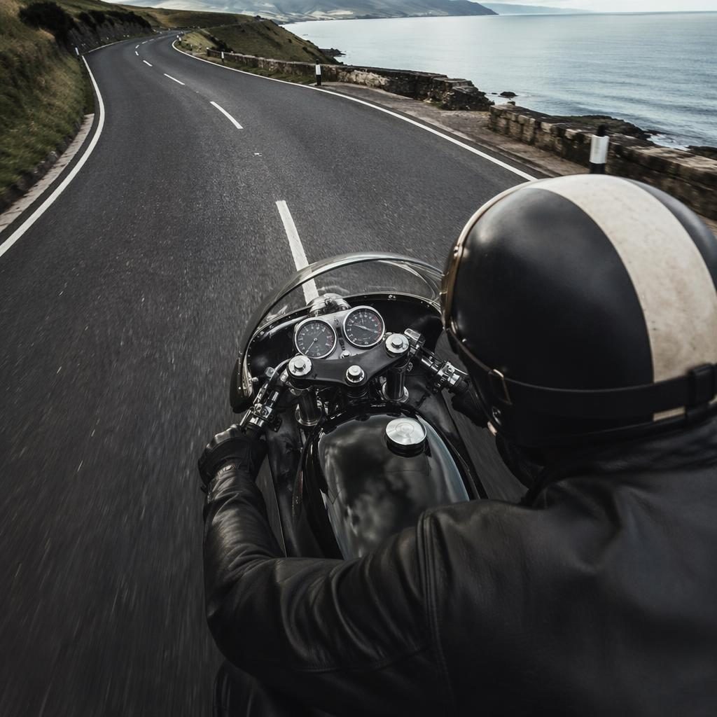 Overhead view of a 1970s-style black vintage scooter motorcycle on a coastal highway with cinematic lighting.