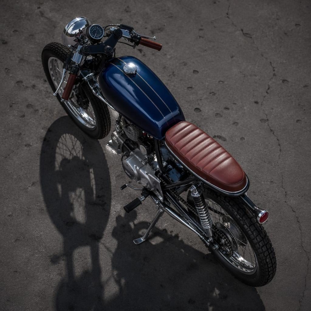 Motocykl ve stylu 50. let s tmavě modrou nádrží, focený shora v paddocku, s filmovým světlem a leskem kovu.