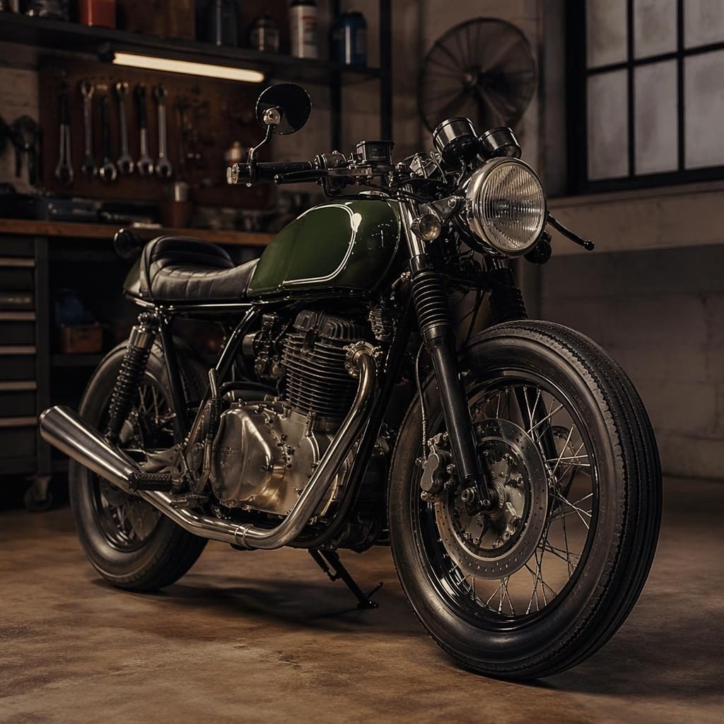 Vintage scrambler motocykl ve stylu café racer, zelená nádrž, záběr zepředu ze tří čtvrtin v garáži dílny.