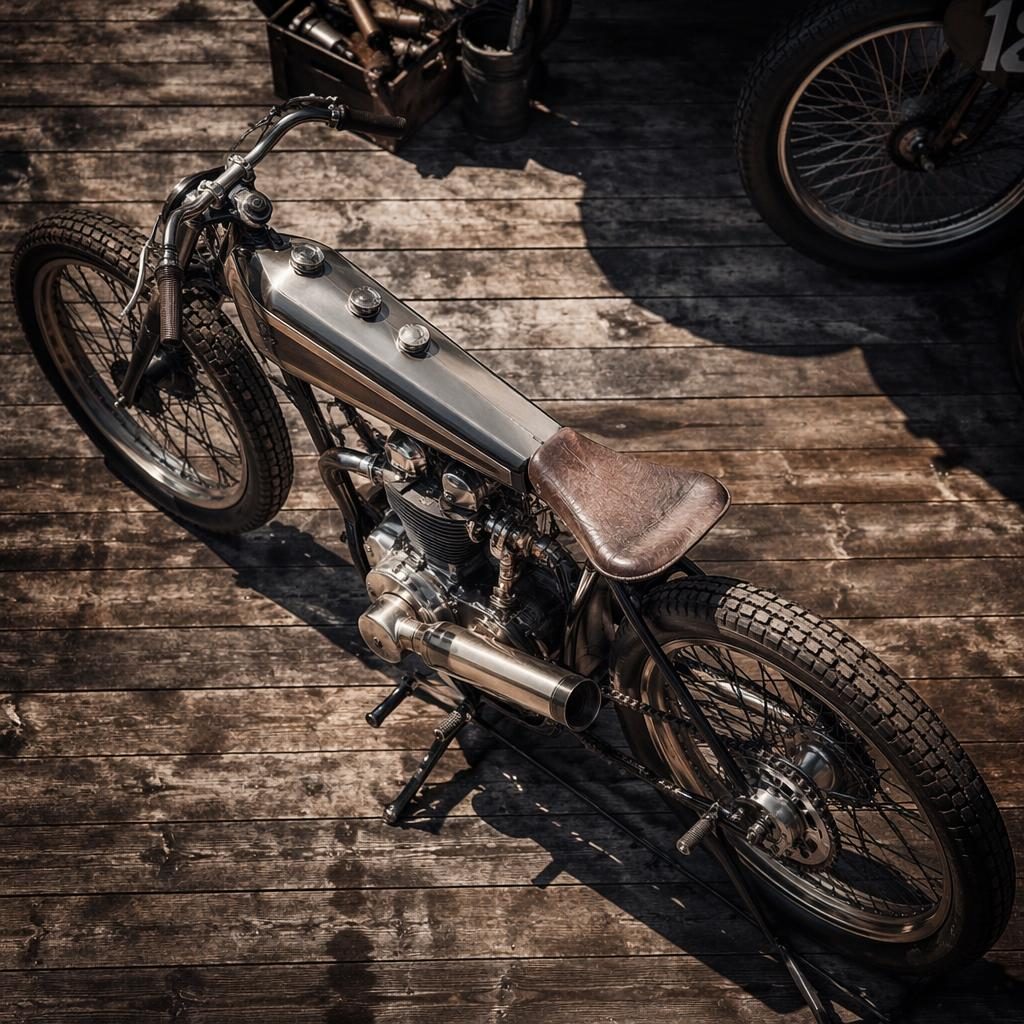 Overhead view of a silver 1920s board track racer motorcycle in a race paddock with cinematic lighting