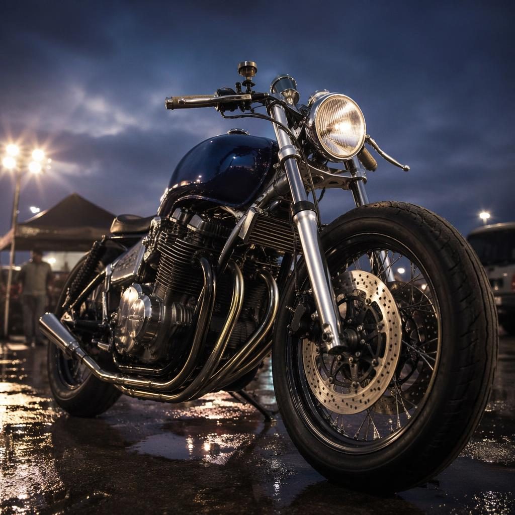 Low-angle view of a midnight blue vintage art deco chopper motorcycle in a race paddock with cinematic lighting