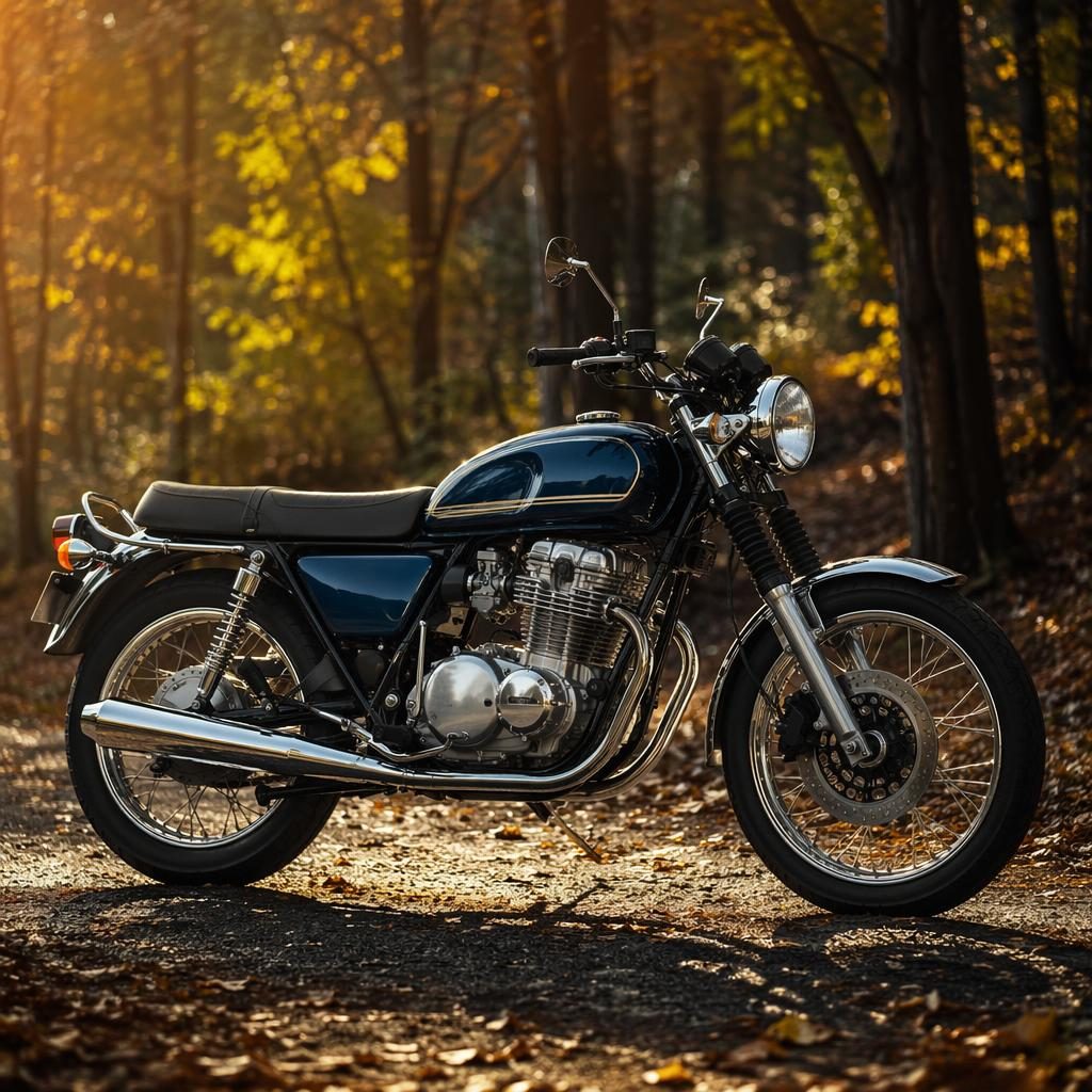 Side-profile midnight blue vintage motorcycle in an autumn forest with cinematic lighting and sharp metal reflections.