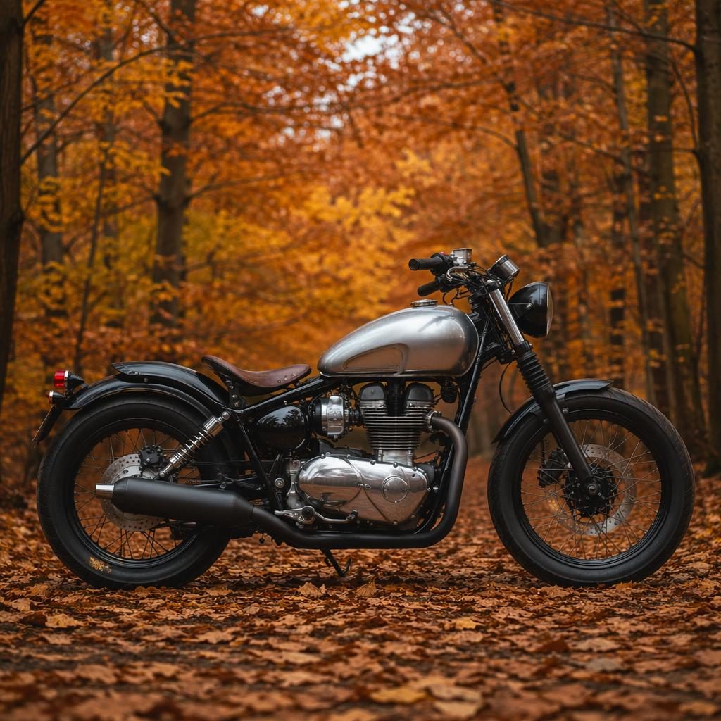 Side-profile vintage sport touring motorcycle with silver tank in an autumn forest, cinematic lighting, ultra-realistic.