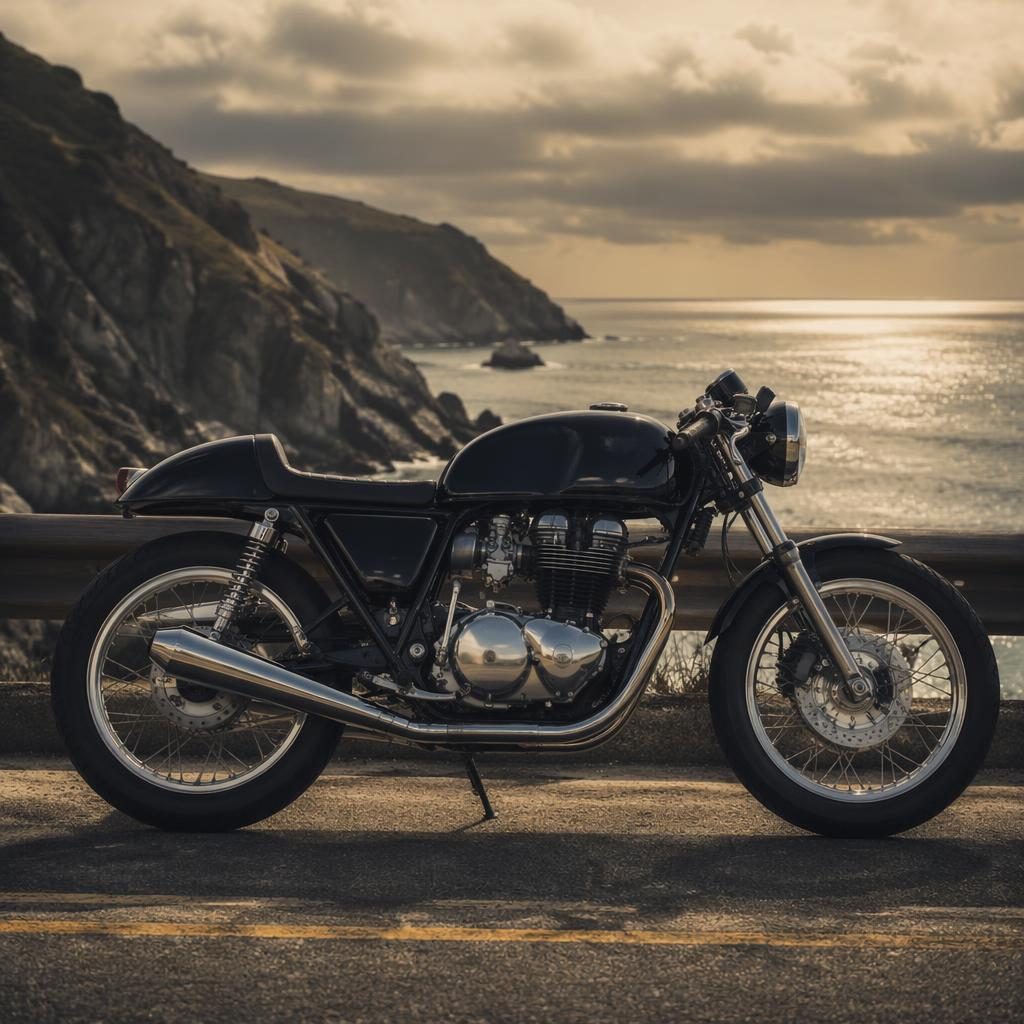 Black 1970s cafe racer motorcycle in side profile on a coastal highway with cinematic lighting and vintage poster style