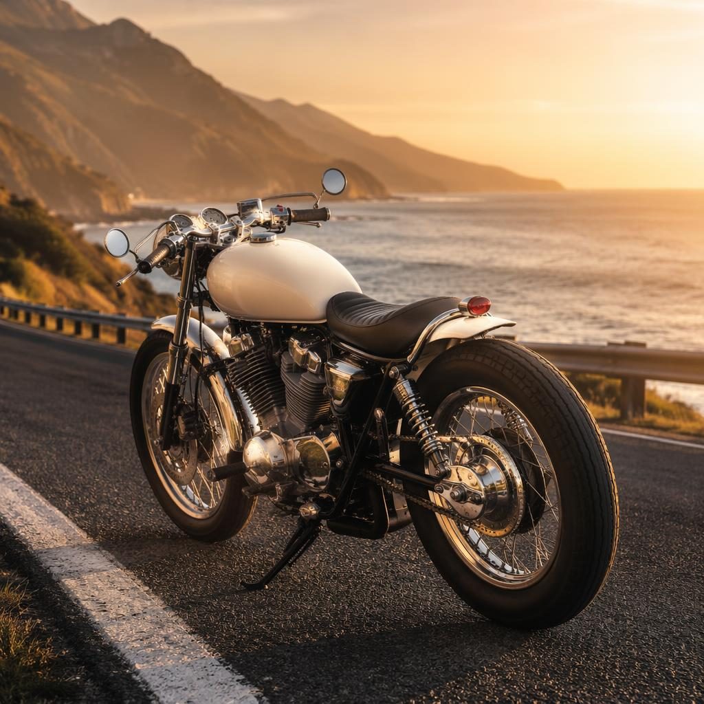 Krémový retro motocykl ve stylu 70s cruiser chrome na pobřežní silnici, záběr zezadu ze tří čtvrtin.
