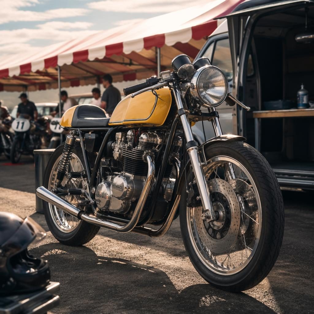 Žlutý cafe racer motocykl ze 60. let, pohled zepředu ze tří čtvrtin v závodním paddocku, filmové světlo