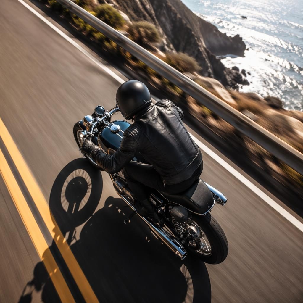 Overhead view of a 1950s-style speedway flat track motorcycle with a midnight blue tank on a coastal highway.