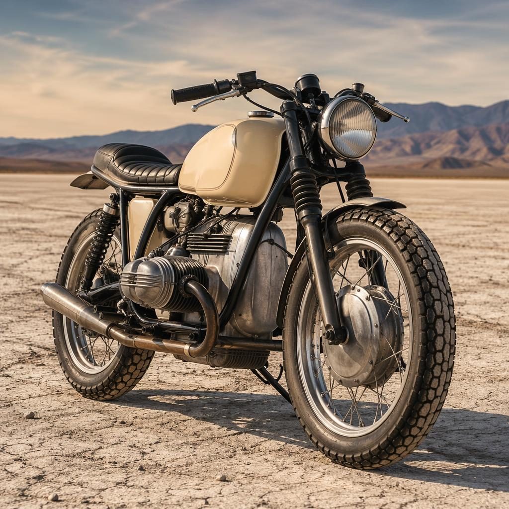Krémový scrambler tracker z 60. let, záběr zepředu ze tří čtvrtin, na pouštních pláních, bez log a značek.