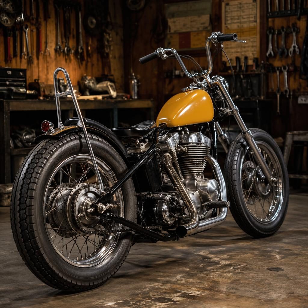 Moto bobber style chopper années 70, réservoir jaune moutarde, vue arrière trois quarts dans un garage atelier.