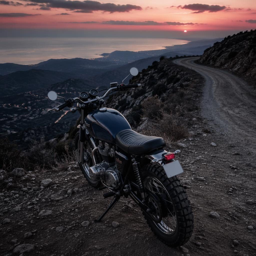 Overhead view of a vintage midnight blue scrambler scooter motorcycle on a mountain road at dusk.