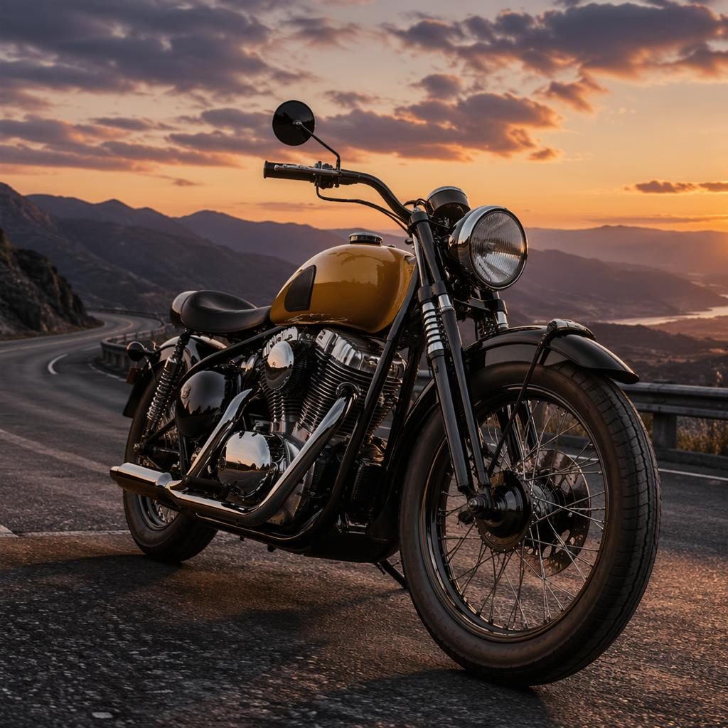 Low-angle view of a mustard yellow vintage enduro motorcycle on a mountain road at dusk with cinematic lighting