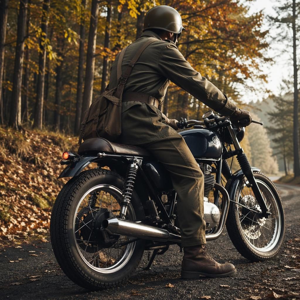 Retro tracker motocykl v půlnočně modré barvě zezadu z tříčtvrtečního úhlu v podzimním lese.