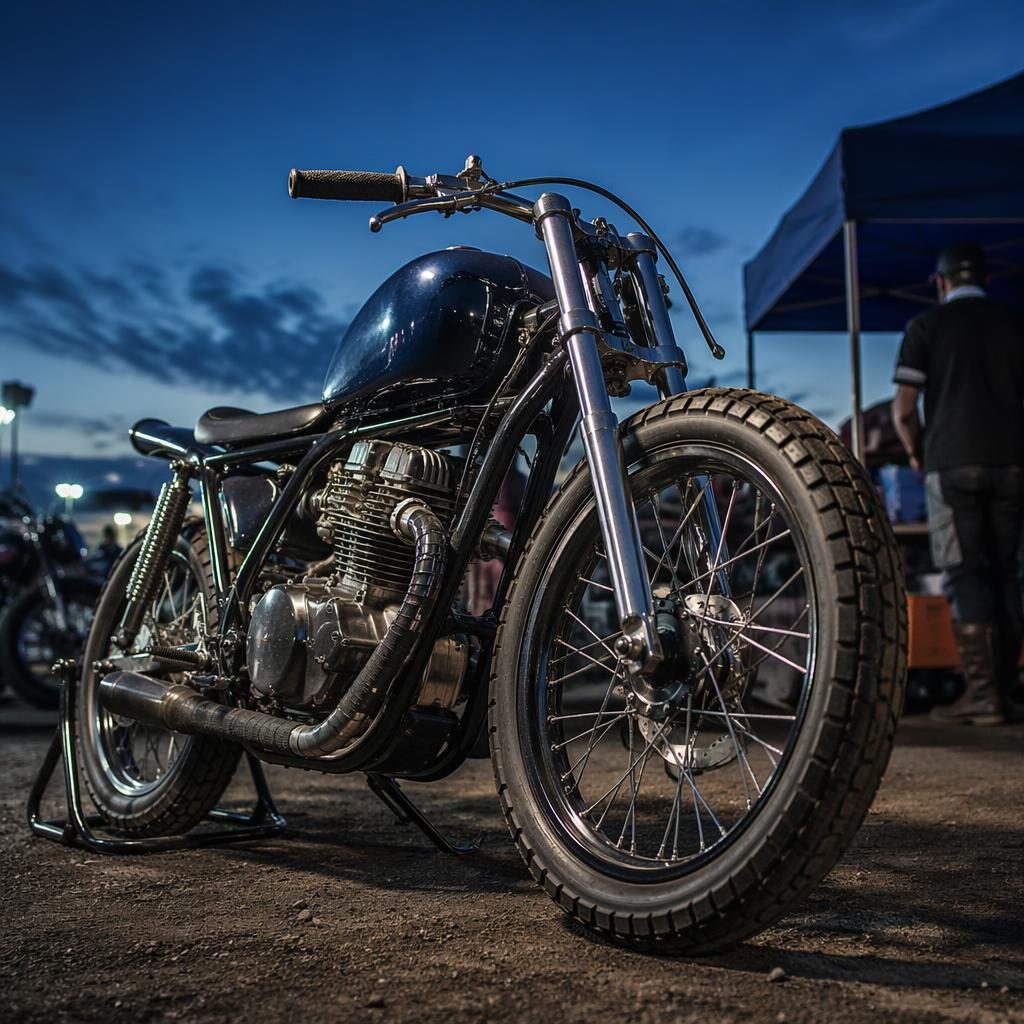 Midnight blue 1950s-style flat tracker cafe racer motorcycle shot from a low front angle in a race paddock.