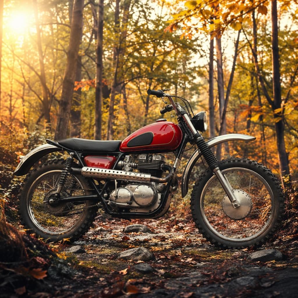 Side profile of a 1950s-style unbranded red scrambler motorcycle in an autumn forest with cinematic poster lighting.