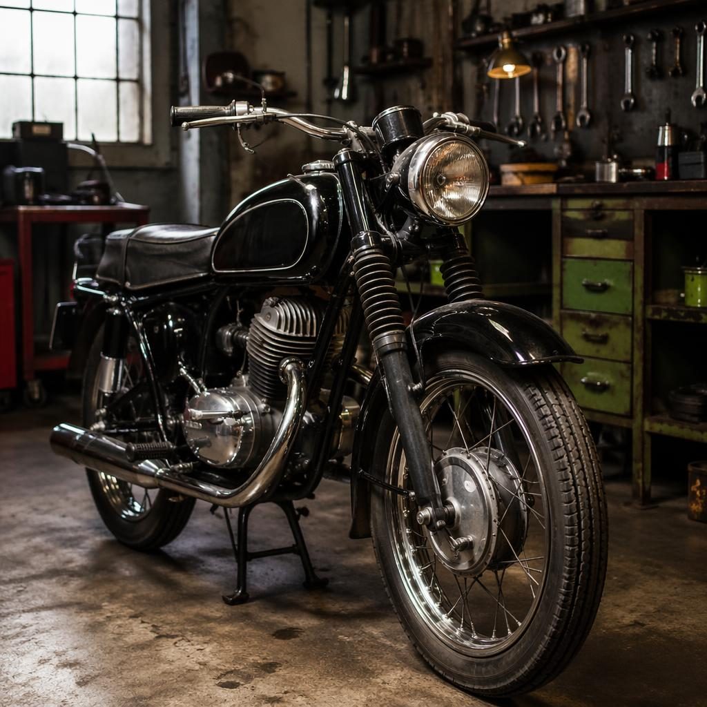 Czarny polski motocykl z lat 60., ujęcie z przodu pod kątem 3/4, stoi w warsztatowym garażu.
