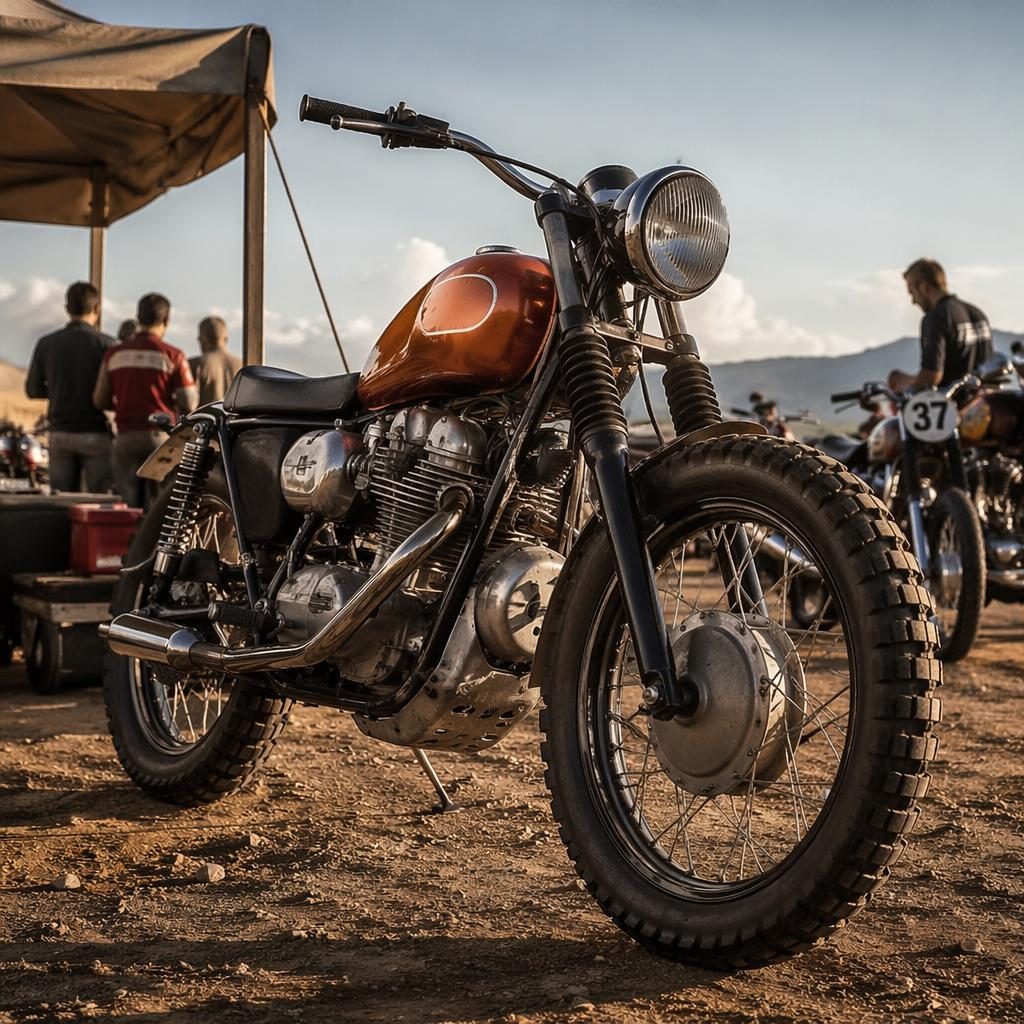 Vintage scrambler motocykl s měděnou nádrží focený z nízkého úhlu v paddocku, filmové světlo, bez log