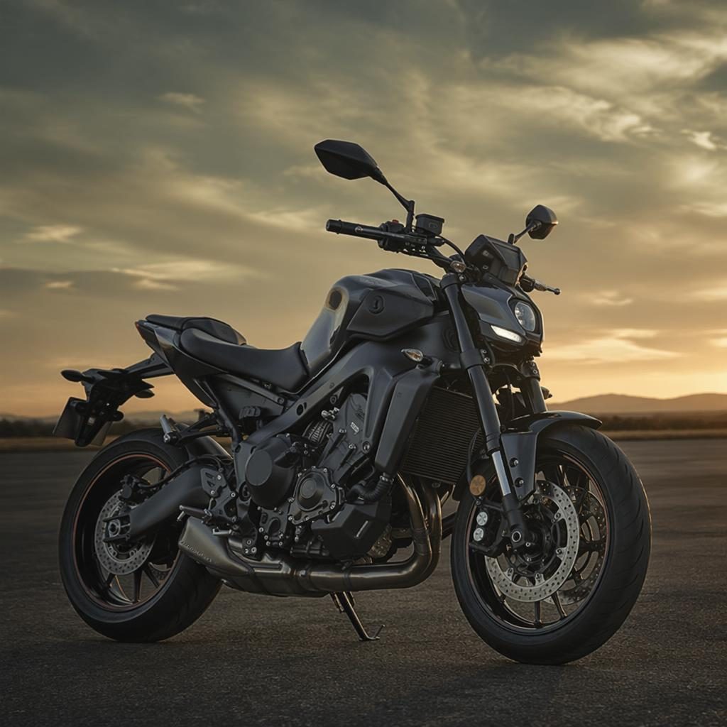 Side-profile vintage motorcycle with mustard yellow tank on desert flats, cinematic lighting, sharp metal reflections