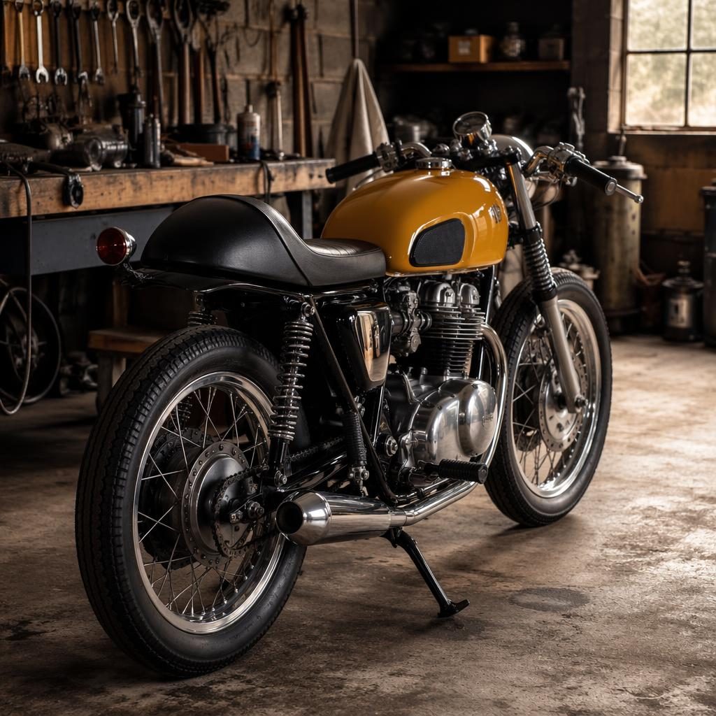 Vintage cafe racer z 60. let se žlutou nádrží, pohled zezadu ze tří čtvrtin, v garážové dílně
