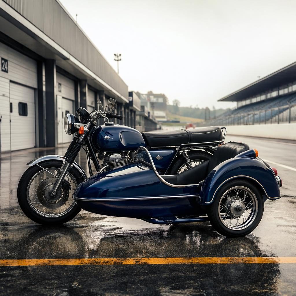 Ultra-realistic 1990s-style midnight blue sidecar touring motorcycle in side profile at a race paddock
