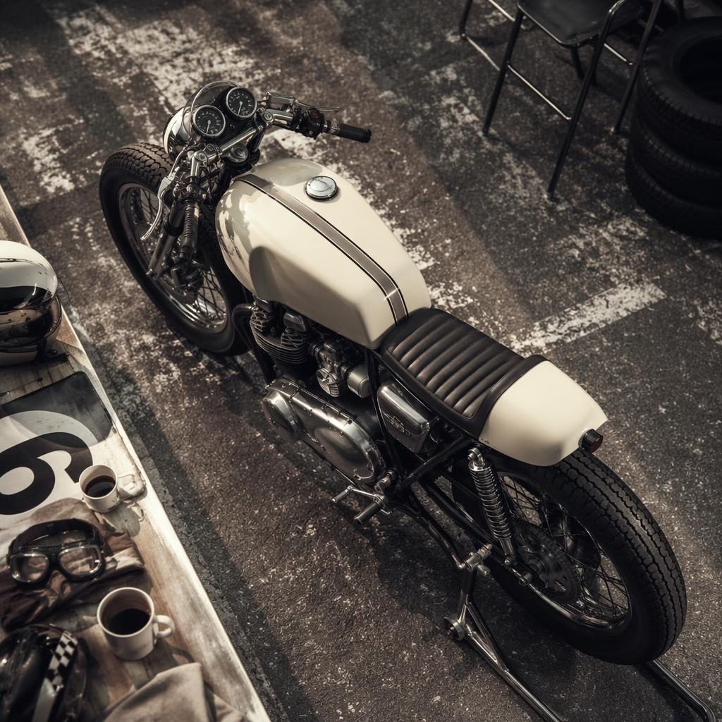 Overhead view of a cream-tank vintage bobber motorcycle in a race paddock with cinematic lighting and sharp reflections.