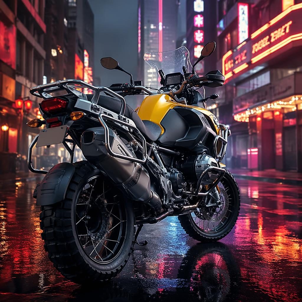 Ultra-realistic 1950s flat track enduro motorcycle with mustard yellow tank on a neon urban street, rear three-quarter view