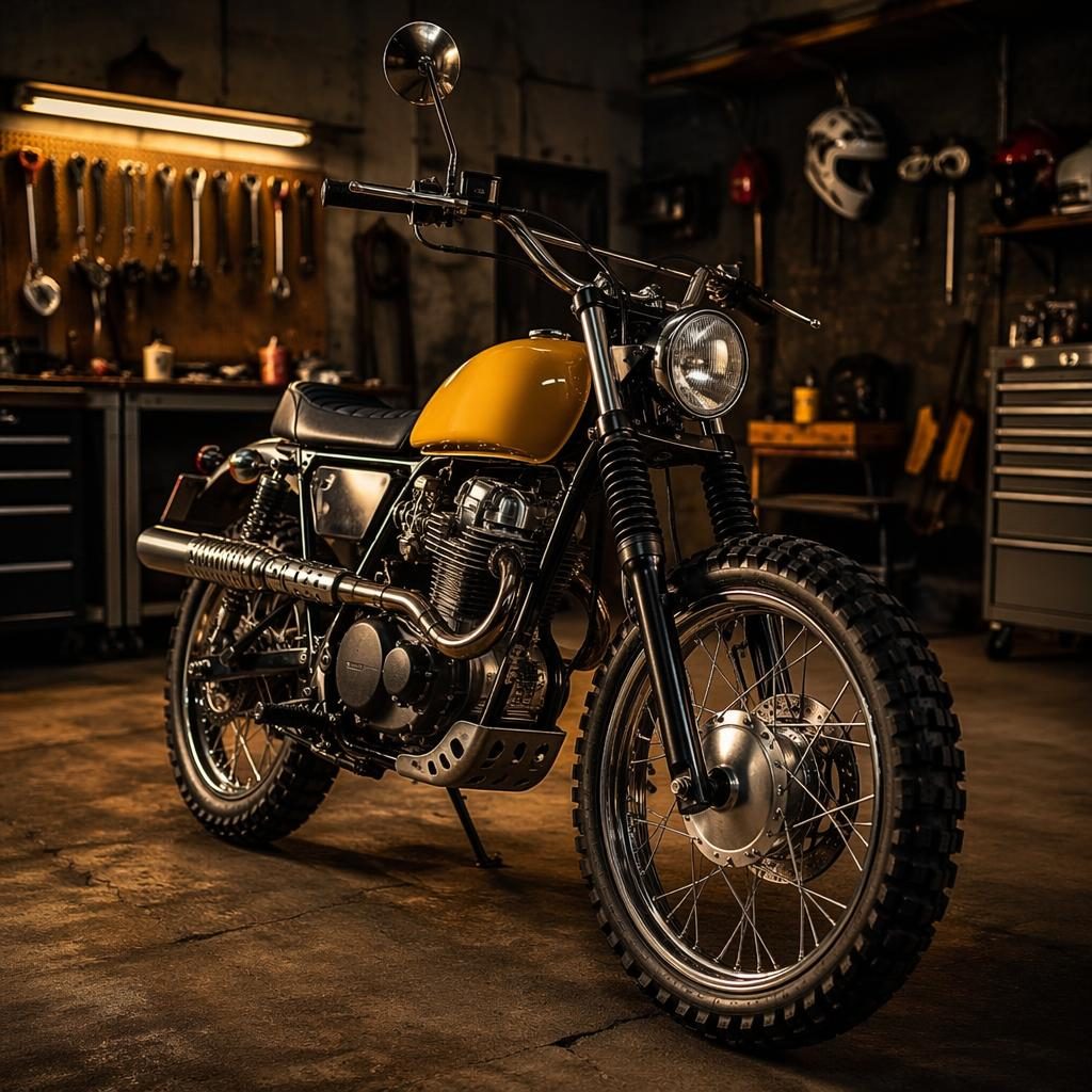 Ultra-realistic 1990s-style tracker motorcycle with mustard yellow tank in a workshop garage, three-quarter front view