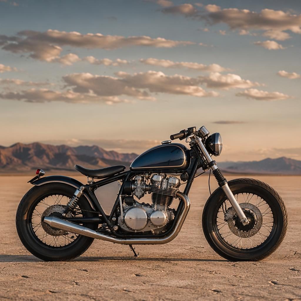 Vintage bobber motocykl se sytě modrou nádrží z bočního profilu na solné poušti, filmové světlo, bez log.