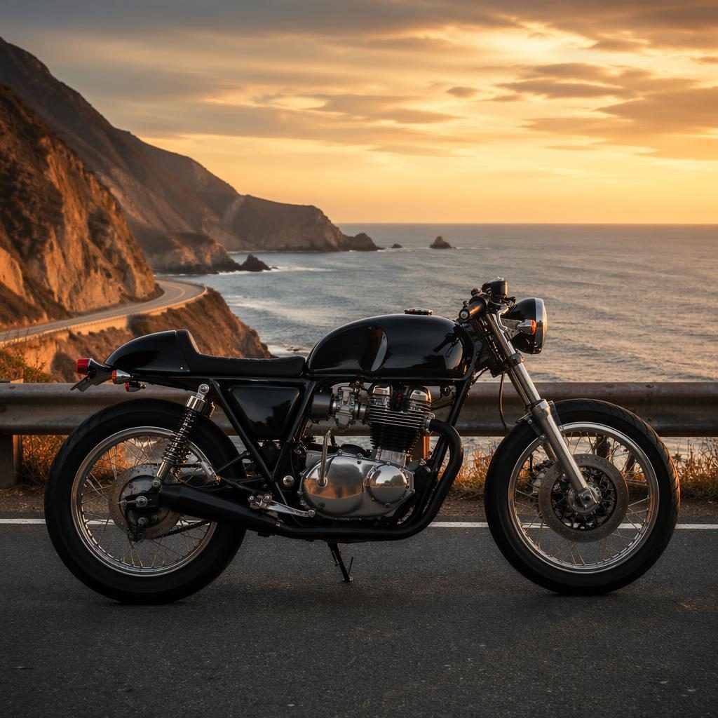 Zwarte cafe racer uit de jaren 70 in zijaanzicht op een kustweg, met cinematografisch licht en scherpe metaalreflecties.