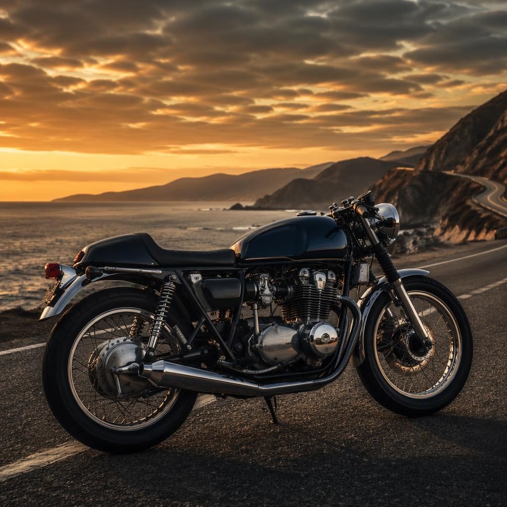 Side profile of a midnight blue 1960s-style cafe racer motorcycle on a coastal highway with cinematic poster lighting